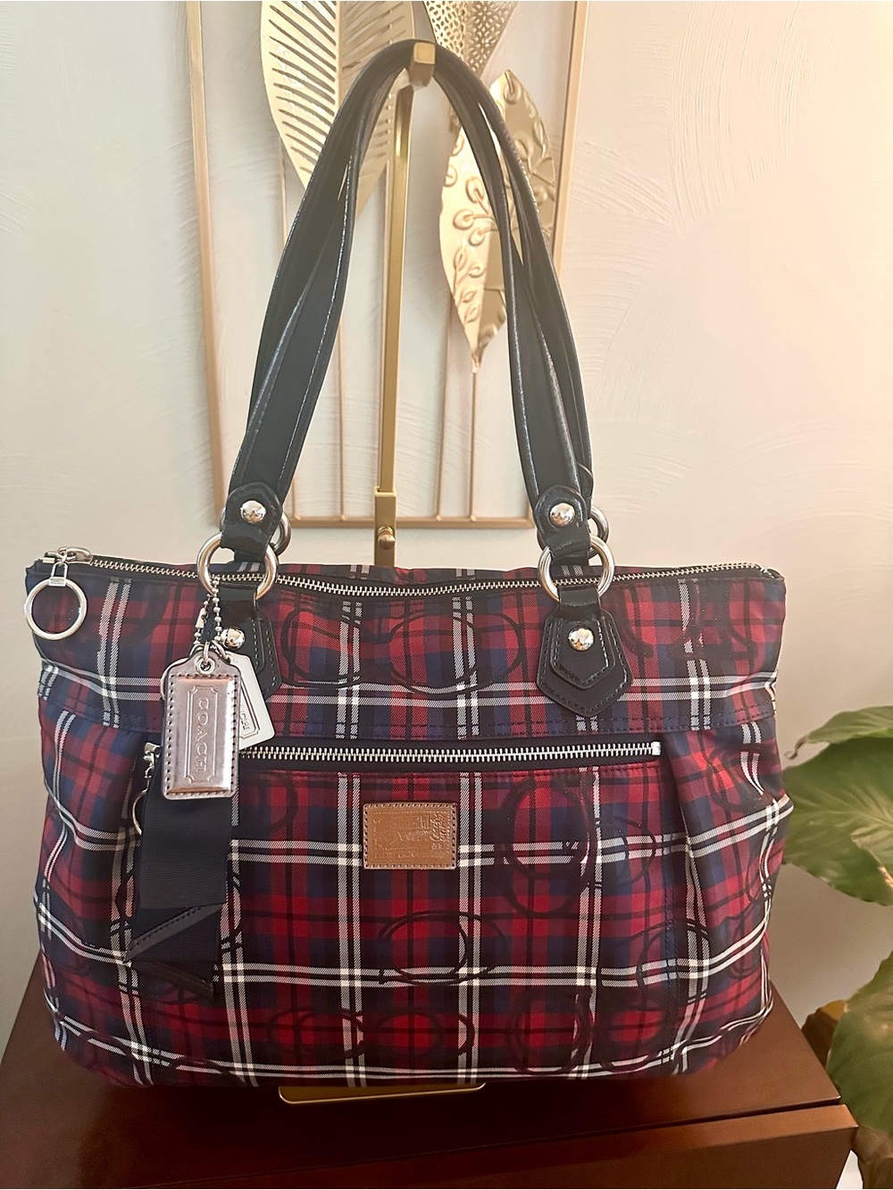 Coach Poppy Y2K 18713 Signature Sateen Tartan Glam Tote Red, Black White - Picture 12 of 16
